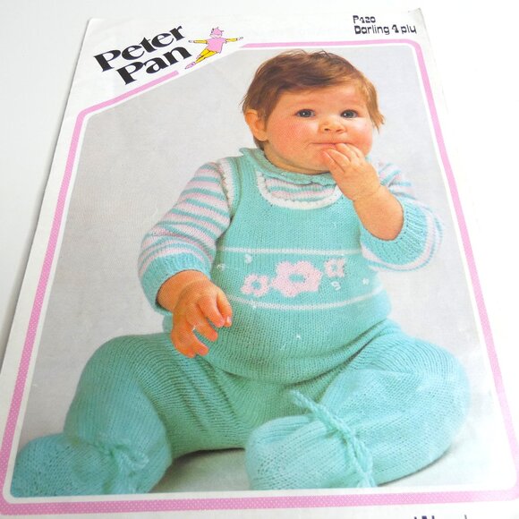 Vintage Pattern Baby Dungarees & Sweater UK Dbl Knitting 4 ply yarn - Picture 1 of 4